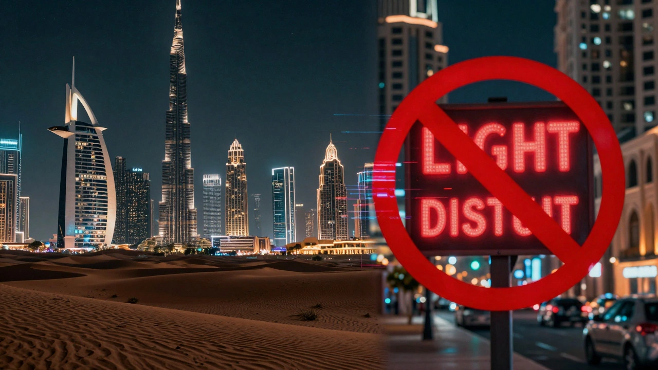 A split image contrasting Dubai&#039;s skyline with a blurred red-light district, crossed out by a prohibition symbol.