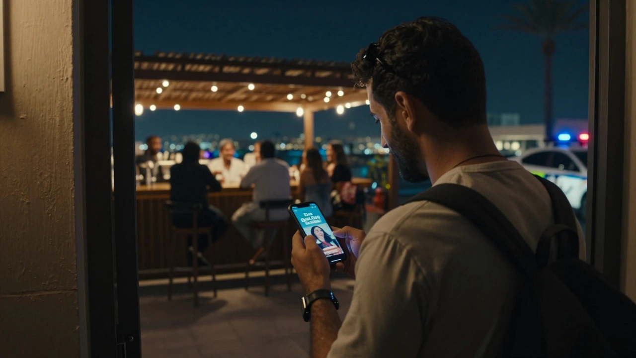 A tourist in Dubai hesitating before a doorway, looking at a misleading ad on their phone while a lively rooftop bar glows nearby.