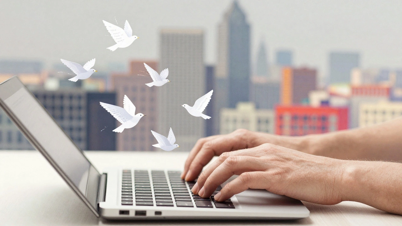 Hand typing as digital alerts rise like birds, symbolizing growing positive online presence.